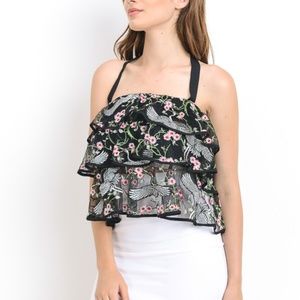 HESPERUS / Sheer Ruffled Bird Embroidered Top